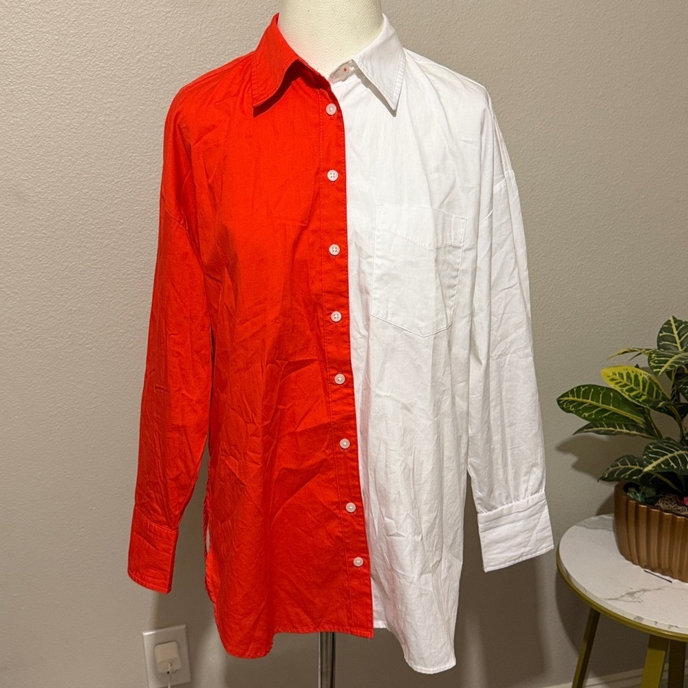 Anthropologie Maeve The Bennet Buttondown Shirt Colorblock Edition White Orange - Picture 3 of 8
